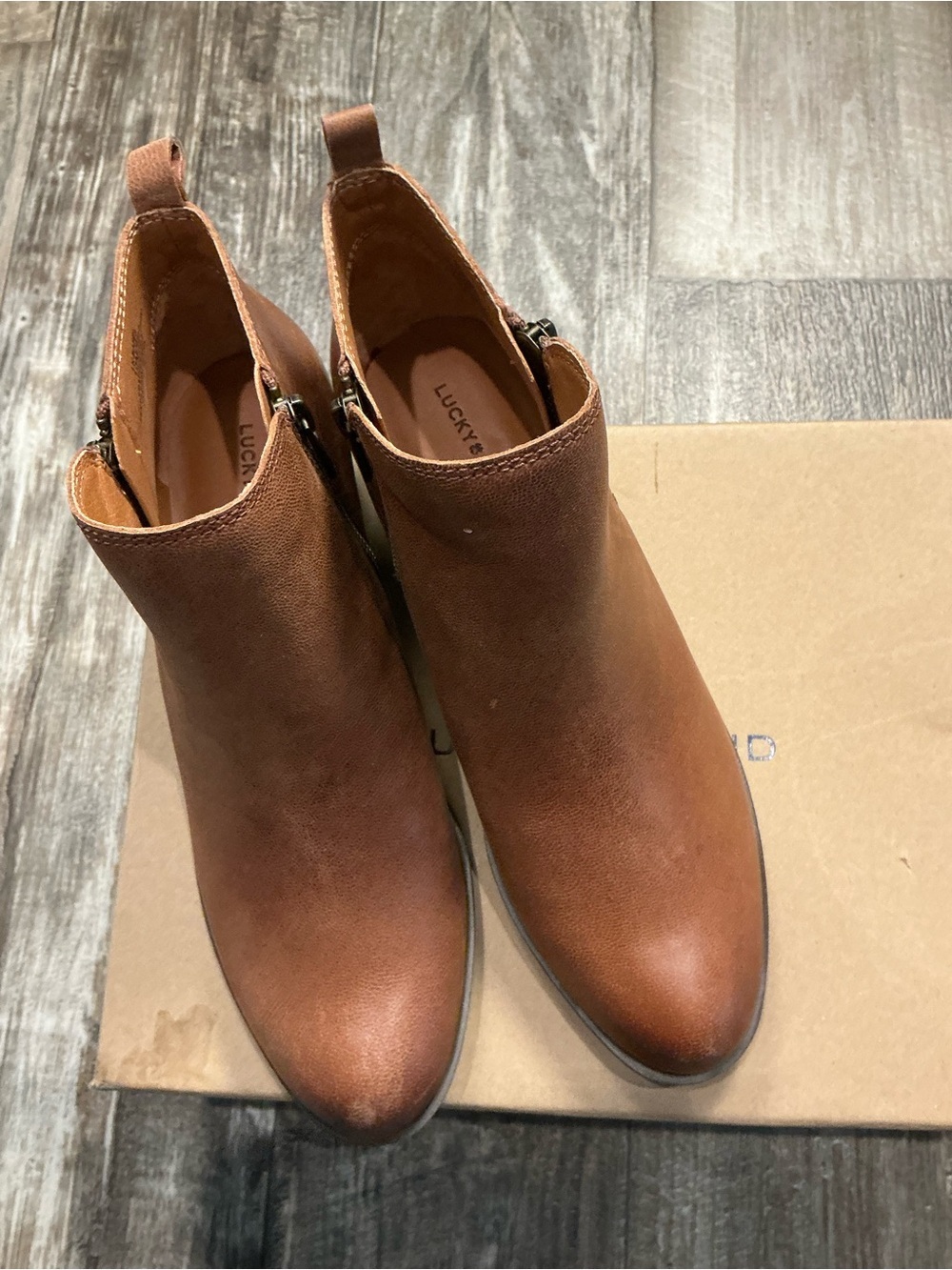 Lucky Brand Women's Cognac Leather Ankle Bootie with Side Zip - Picture 8 of 16